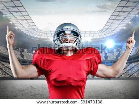 Digitally generated image of american football player cheering with clenched fist in stadium