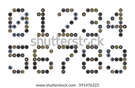LED number font with weathered screw head. Isolated on white background.
