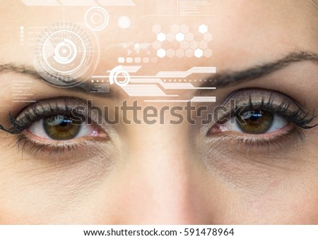 Digitally generated image of woman eyes with interface screen