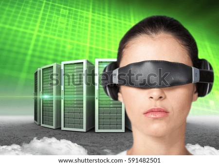 Digital composite image of woman using virtual reality headset against server tower