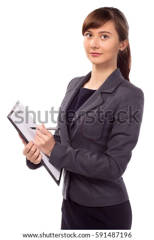 Smiling woman with clipboard isolated on white background