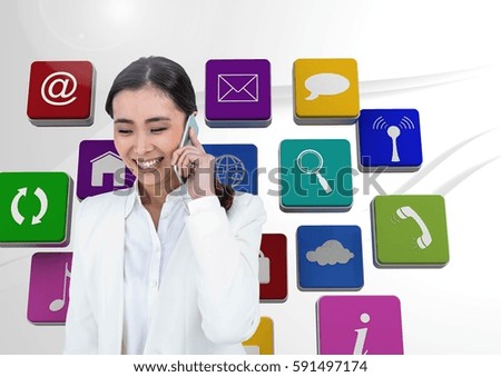 Digital composite image of happy businesswoman talking on phone with application icons in background