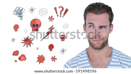 Digitally composite image of displeased man looking at various icon
