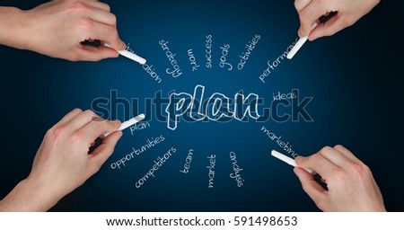 Digitally composite image of hands writing text plans on blue chalk board