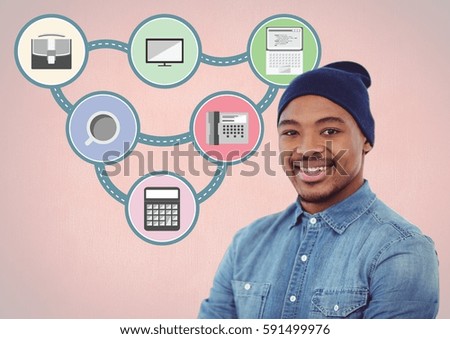 Digitally composite image of smiling man standing against various icons
