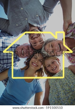 Digital composite image of happy family forming huddle above outline house
