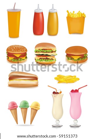 Photo-realistic vector. Big group of fast food products.