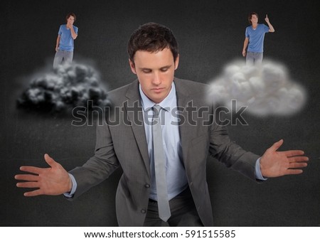 Digital generated image of businessman confused between being good or bad concscience