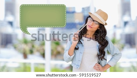 Digital generated image of woman looking at speech bubble icon