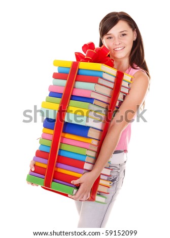 Girl holding pile of  book. Isolated.