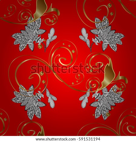Seamless vintage pattern on red background with golden elements and with white doodles. Christmas, snowflake, new year.