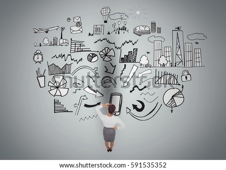 Digitally composite image of confused businesswoman looking at various business graphics icon