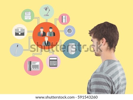 Digitally composite image of thoughtful man looking at various applications against yellow background