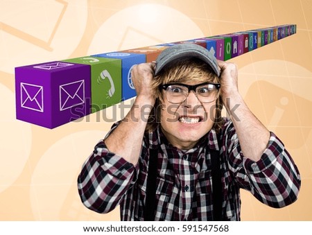 Digital composition of frustrated man against application icons in background