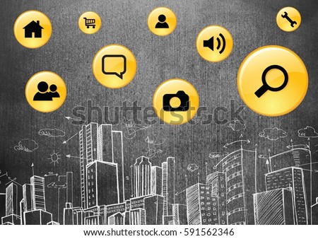 Digital composition of app icons against hand drawn office buildings on blackboard