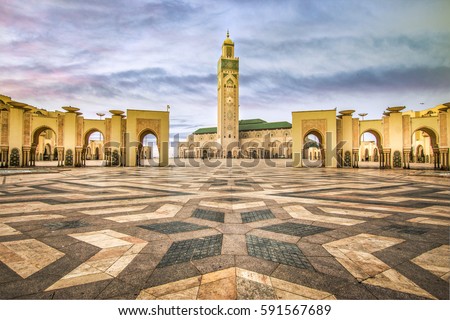 Square in front of the famous Hassan II Mosque in Casablanca - Morocco Royalty-Free Stock Photo #591567689