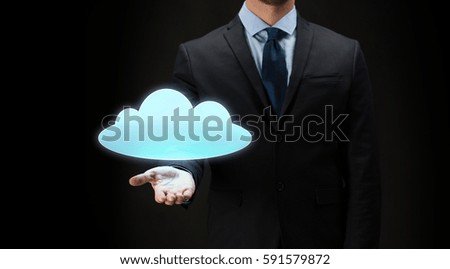 business, virtual reality, future technology, cyberspace and people - close up of businessman with cloud projection over black background