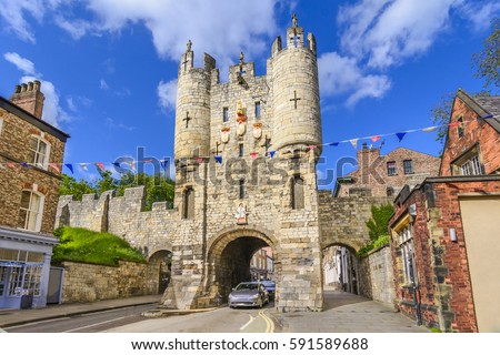 Micklegate - old medieval gate of York, Yorshire, England, UK, United Kingdom, Europe Royalty-Free Stock Photo #591589688