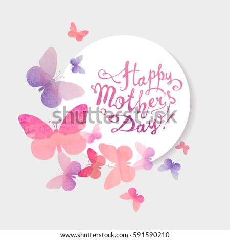 Happy Mother's Day Vector congratulation card with pink watercolor butterflies