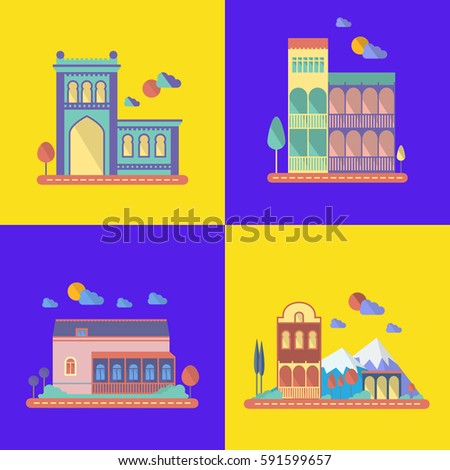 Set of detailed colorful west houses with trees and mountains. Flat style modern caucasus buildings cityscape. Cartoon retro illustration

