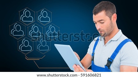 Digital composite image of repairman using digital tablet against interface design in background