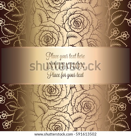 Victorian background with antique, luxury beige and gold roses decor, victorian banner, damask floral wallpaper ornaments, invitation card, baroque style booklet, fashion pattern, template.