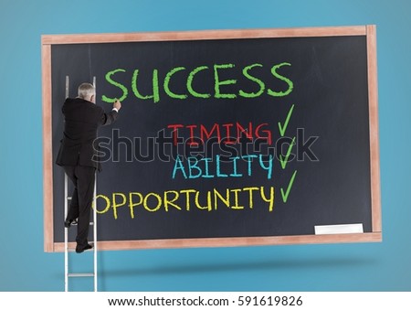 Digital composite image of businessman standing on the ladder and writing success concept on blackboard