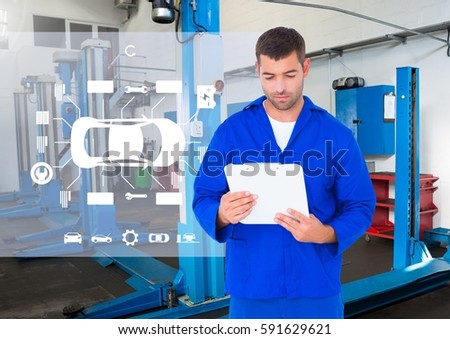 Digital composition of mechanic holding a clipboard against a digital interface at workshop