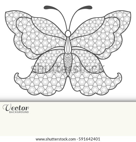 Doodle patterned butterfly. Stylized hand drawn animal insect for coloring book page, tattoo, t-shirt, poster, invitation card, textile or paper print. Zen doodle Art. Isolated element, ethnic totem