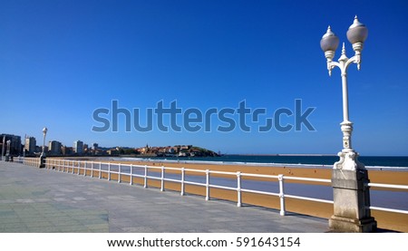 View of the seafront of San Lorenzo beach in Gijon, Asturias, Spain