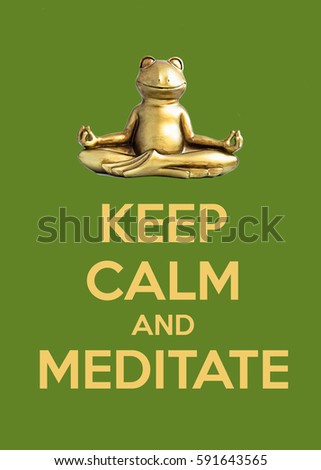 Keep calm and meditate. Smiling gold yoga frog meditating in lotus pose on greenery background.