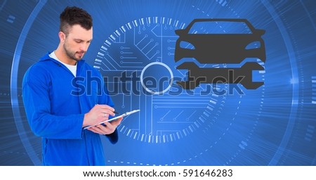Digital composite image of mechanic using digital tablet against car mechanic interface in background