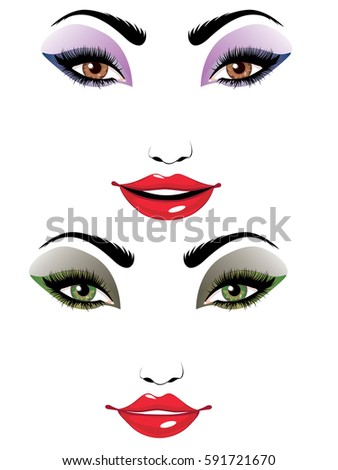 Cartoon female face with eyes in different colors illustration.