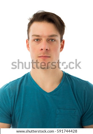 No Emotion Portrait of a Beautiful Young Caucasian Man Isolated on White Background