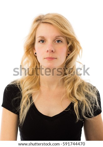 No Emotion Portrait of a Beautiful Young Blonde Caucasian Woman Isolated on White Background