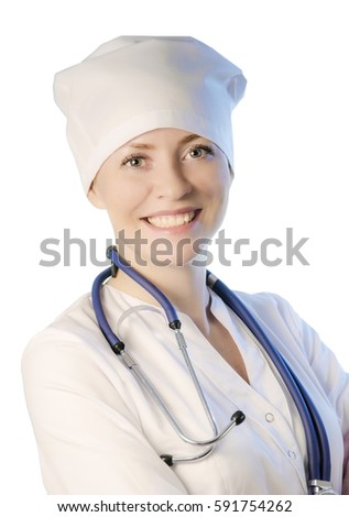 Young woman medical doctor portrait in white coat and cap with stethoscope isolated on white background.