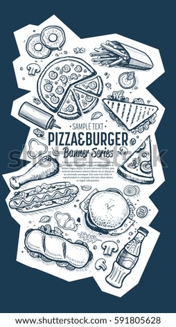 Cafe bar fast food symbols restaurant pattern doodle sketch abstract raster illustration. Fast food vertical banner. Burger and pizza hand drawn style. Cafe restaurant cover menu design. Top view.