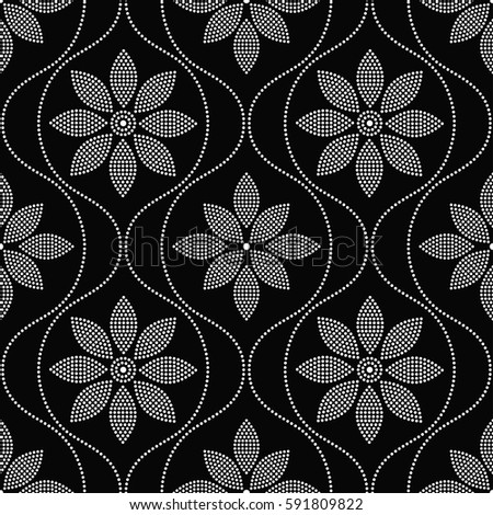 Tiled seamless geometric pattern of dotted flowers and wavy garlands. Floral motif. Beads. Abstract black and white mosaic background. Vector illustration. Royalty-Free Stock Photo #591809822