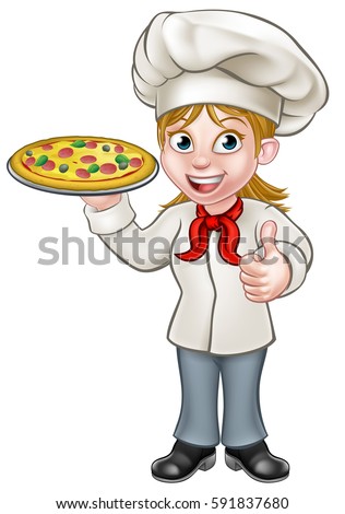 Cartoon female woman chef cook character holding a pizza and giving a thumbs up