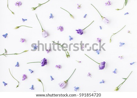 Flowers composition. Pattern made of various colorful flowers on white background. Spring, summer concept. Flat lay, top view Royalty-Free Stock Photo #591854720
