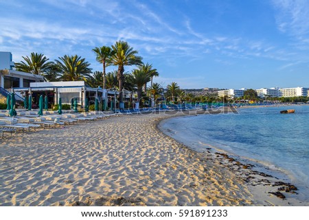 Seascape. View on the city beach. Ayia Napa. Cyprus Royalty-Free Stock Photo #591891233