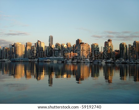 downtown Vancouver at sunset, harbor view