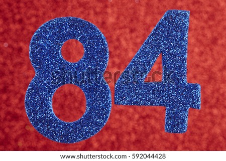 Number eighty-four blue color over a red background. Anniversary. Horizontal
