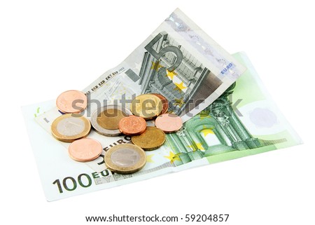 Euro bils with coins  isolated on white; including clipping path