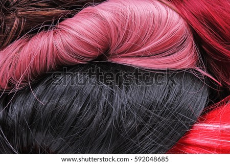 Wig texture. Synthetic hair close up photo. 