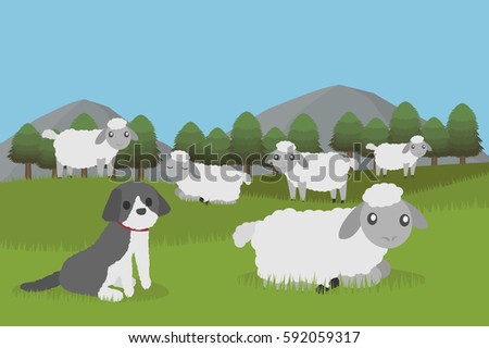 flock of sheep and sheepdog on meadow , landscape with green forest and mountains behind, cute cartoon vector
