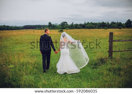 Wedding couple bride and groom on field background walking and embracing.
