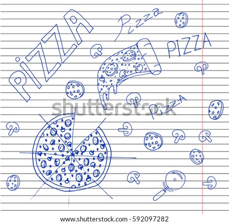 Hot fresh pizza on copybook background. icon food. Pizza icon. label or sticker pizzeria italian bakery. vector illustration.