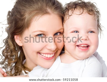 Laughing young mum and the kid on a white