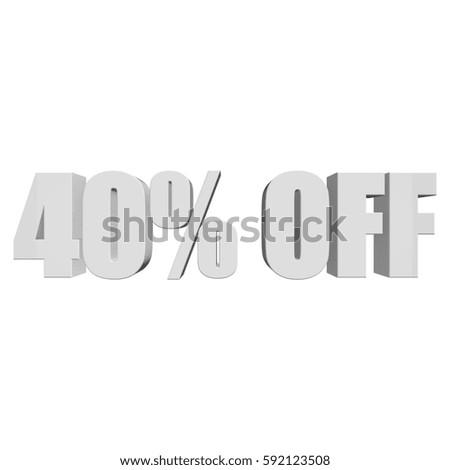 40 percent off letters on white background. 3d render isolated.